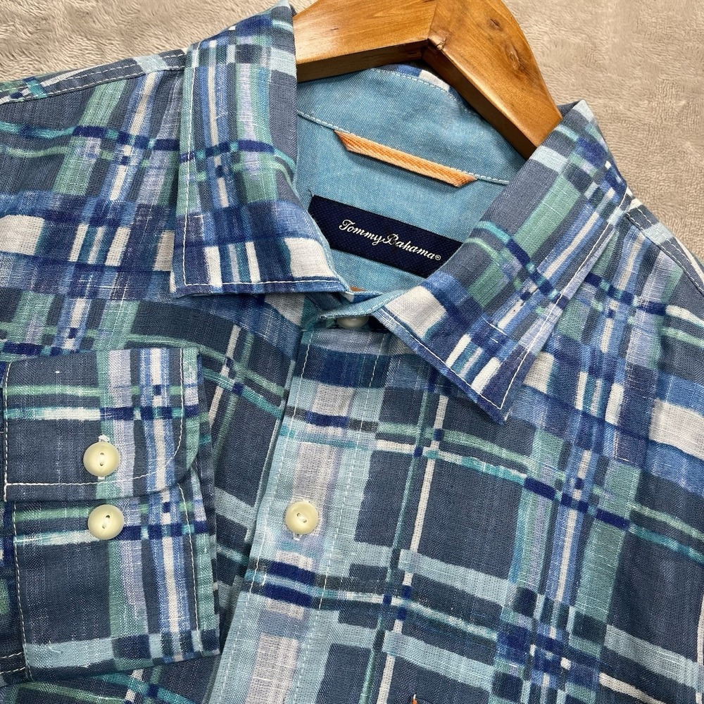 Tommy Bahama Shirt Mens Large Blue Linen Blend Patchwork Swordfish Logo Casual